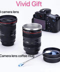 Camera Lens Coffee Mug 13.5oz Thermal Tumbler With Spoon Insulated Travel Cup For Photography Fans Dope Gift For Him Her Mom Dad Friends Travel School Office Coffee Break, black lens-shaped mug with spoon