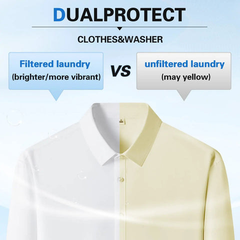 Image showing comparison of filtered and unfiltered laundry with Inline 85470 Washing Machine Water Filter effects.
