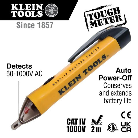 Close-up of Klein Tools non-contact voltage tester from Electrical Test Kit With IR Digital Thermometer Multimeter Non Contact Voltage Tester Pen And Receptacle Tester 4 Piece Set For Pros And DIYers Ideal For Home Projects And Pro Grade Electrical Diagnostics On The Job.