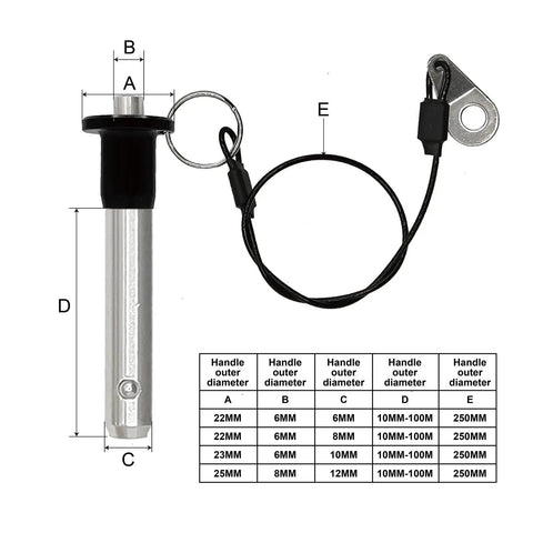 Heavy Duty 304 Stainless Steel Quick Release Ball Lock Pin With Push Button And Twenty Four Centimeter Lanyard, diagram view
