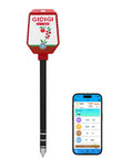 8 In 1 Smart Soil Tester With Bluetooth App Control for Garden and Lawn Care beside mobile app display.