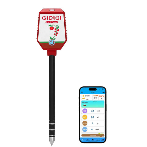 8 In 1 Smart Soil Tester With Bluetooth App Control for Garden and Lawn Care beside mobile app display.