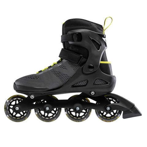 Macroblade 80 Fitness Inline Skates For Men With Secure Cuff And Lateral Support Form Fit Performance Liner And Breathable Mesh Tongue Black And Lime All Day Comfort For Casual Cruising And Entry Level Training displayed side view on white background.