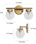 Two-Light Gold Vanity Light With Clear Globe Glass Shades Over-Mirror Fixture In Hand-Painted Gold Finish 14 Inch Long 6.5 Inch Wide