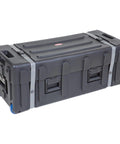 Road Ready Drum Hardware Case With Wheels And Telescoping Handle Featuring Hella Durable Roto Molded Polyethylene Construction Secure Cinch Straps For Stands Pedals And Gear Hauling Black, side view, heavy-duty black case.