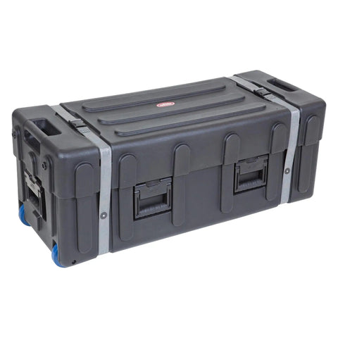 Road Ready Drum Hardware Case With Wheels And Telescoping Handle Featuring Hella Durable Roto Molded Polyethylene Construction Secure Cinch Straps For Stands Pedals And Gear Hauling Black, side view, heavy-duty black case.