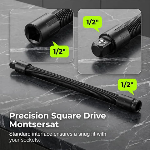 Electric Wrench Sleeve Universal Extension Rod With Flexible Shaft And 360 Degree Flex Reach For Tight Spaces Automotive And DIY Projects Socket Locking System Keeps Sockets Secure shown with 1/2 inch drive size.