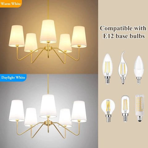 5 Light Modern Chandelier With White Fabric Shades, 30-In Brass Gold Pendant Ceiling Light for Dining Room and E12 bulbs