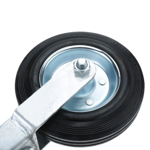 Close-up of Built Tough Heavy Duty 6 Inch Gate Wheels for Metal Tube Gates 2 Pack Hot Galvanized Farm Fence Wheel.