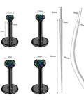 Black Threadless Nose Stud Set 18G And 20G Hypoallergenic Nostrial Tragus Lip Medusa Cartilage Helix Conch Piercing Jewelry Includes 4 Flat Back Nose Studs 1 Curved Taper 1 Straight Taper For Women And Men with dimension details.