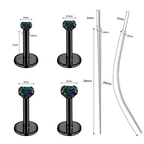 Black Threadless Nose Stud Set 18G And 20G Hypoallergenic Nostrial Tragus Lip Medusa Cartilage Helix Conch Piercing Jewelry Includes 4 Flat Back Nose Studs 1 Curved Taper 1 Straight Taper For Women And Men with dimension details.