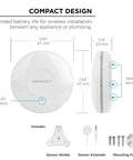 Smart Water Leak Sensor And Alarm With 2.4 GHz Wi Fi, compact design dimensions and components shown for easy setup.