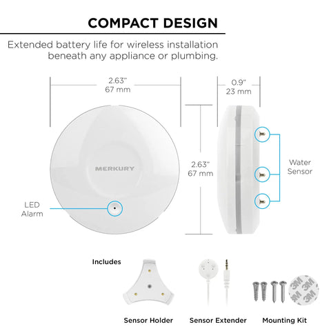 Smart Water Leak Sensor And Alarm With 2.4 GHz Wi Fi, compact design dimensions and components shown for easy setup.