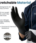 Heavy Duty Black Nitrile Exam Gloves Built Tough With Rock Solid 6 Mil Resistance Powder Free And Latex Free Construction Non Sterile Providing Straight Up Food Safe Coverage For Clinics Jobsites And Labs Large 100 Pack worn by a person showing flexible, textured fingertips.