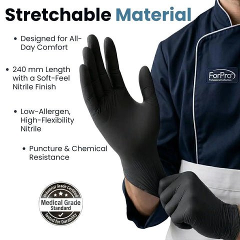 Heavy Duty Black Nitrile Exam Gloves Built Tough With Rock Solid 6 Mil Resistance Powder Free And Latex Free Construction Non Sterile Providing Straight Up Food Safe Coverage For Clinics Jobsites And Labs Large 100 Pack worn by a person showing flexible, textured fingertips.