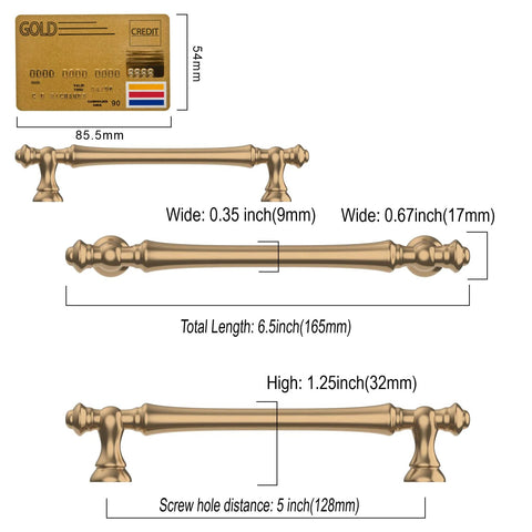 Champagne Bronze Cabinet Pulls Set 5 Inch 128mm Hole Center 10 Pack Kitchen Cabinet Hardware Handles dimensions and size chart