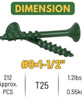 Pro Grade Green Deck Screws Size 8 By 1-1/2 Inch Heavy Duty Fasteners for Composite and Pressure Treated Wood.