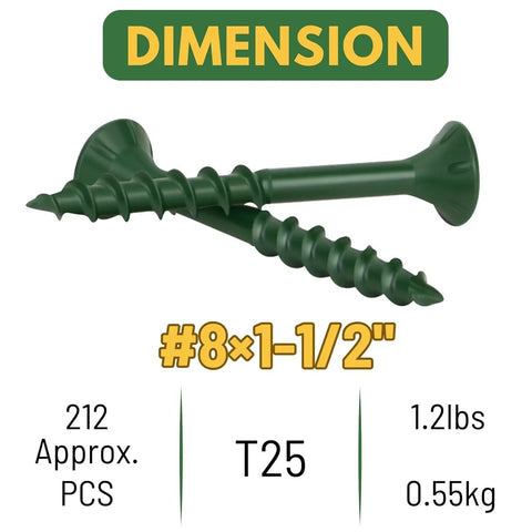 Pro Grade Green Deck Screws Size 8 By 1-1/2 Inch Heavy Duty Fasteners for Composite and Pressure Treated Wood.