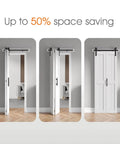 48x84 Inch White Bi Fold Barn Door With Hardware Kit And Handle Double Folding Sliding Door in various open positions