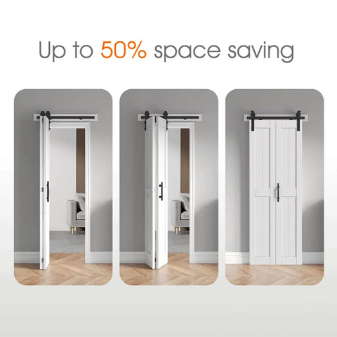 60 By 84 Inch White Bi Fold Barn Door With Hardware Kit And Handle Solid MDF With Waterproof PVC Surface shown partially open