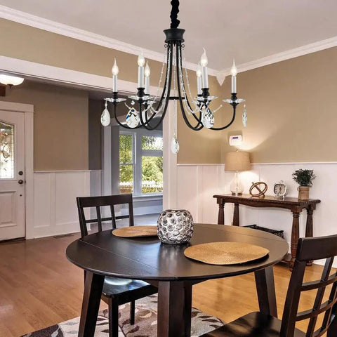 Dining room with 6 Light Black Crystal Chandelier With Chic Farmhouse Rustic Black Metal Frame And Adjustable Chain