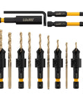 Top Shelf Countersink Drill Bit Set With 1/4 Inch Hex Shank, Titanium Coated 82 Degree Adjustable Depth Guides For Fast Clean Woodwork, Rock Solid 14 Piece No Hassle Heavy Duty Shop Kit with various drill bits.