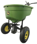Push Broadcast Spreader With 130 Lb Capacity And Rust Proof Poly Hopper Covers About Half Acre, black frame, close-up angle