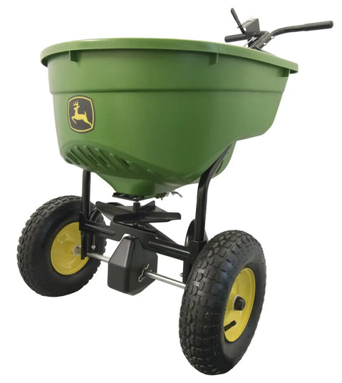 Push Broadcast Spreader With 130 Lb Capacity And Rust Proof Poly Hopper Covers About Half Acre, black frame, close-up angle
