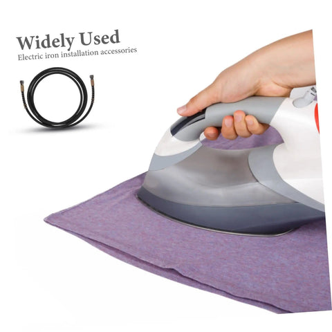 Pro Grade Heavy Duty Steam Hose For Steam Iron Replacement, showing a hand using a steam iron with the hose and fabric visible.