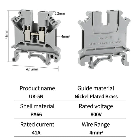 Heavy Duty Din Rail Terminal Block With Grounding For 800V Systems 24 To 10 AWG Wire 4 mm Connection Insulated Shell Built Tough Electrical Distribution Box Connector For Solar Power PLC Automation DIY CNC RV, PA66, 42.5mm x 47mm