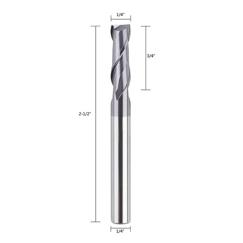 Five-Piece 2 Flute Square Nose End Mill Set TiAlN Coated Carbide Upcut CNC Router Bits 1/4 Inch Shank with dimensional details