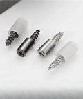 Heavy Duty Self Tapping Screws For Cabinet Laminate Support 50 Piece Cross Laminated Board Fasteners, black and silver screws with plastic caps.