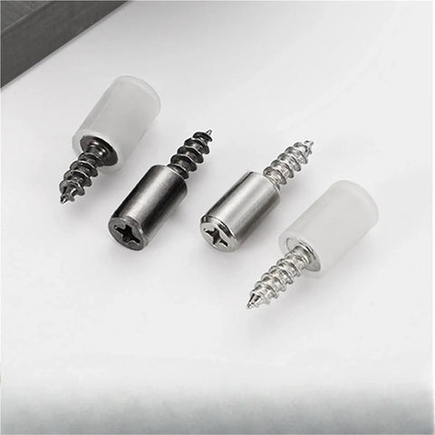 Heavy Duty Self Tapping Screws For Cabinet Laminate Support 50 Piece Cross Laminated Board Fasteners, black and silver screws with plastic caps.