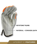 12 Pairs Large Hi Vis Heavy Duty Durable Cowhide Leather Work Gloves With Orange Fingertip Design, Keystone Thumb Detail