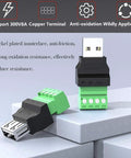 Two Pack USB 2.0 Type A Male To Four Pin Screw Terminal Connectors, 300V 8A, Nickel Plated, Built Tough For Power Testing, Keyboard, Mouse, Camera And Other DIY Electronics Projects USB adapter with four-pin screw terminal and nickel-plated housing