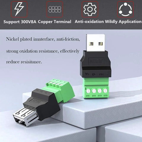 Two Pack USB 2.0 Type A Male To Four Pin Screw Terminal Connectors, 300V 8A, Nickel Plated, Built Tough For Power Testing, Keyboard, Mouse, Camera And Other DIY Electronics Projects USB adapter with four-pin screw terminal and nickel-plated housing