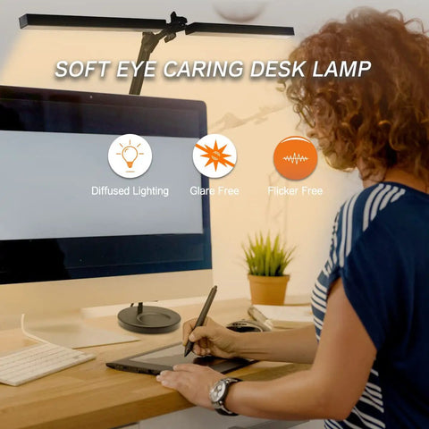 LED Desk Lamp with Clamp Adjustable Swing Arm Dual Head Light for Office and Home 3 Color Modes and 10 Level Dimming Eye Care