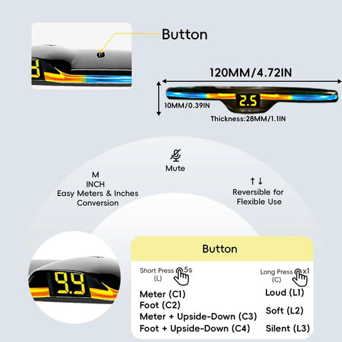 Forward and Reverse Parking Sensor System With Inches Distance Option, Bidirectional Display, showing button details and measurements