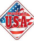 Made in USA sign featuring American flag colors and bold lettering in a diamond shape background.