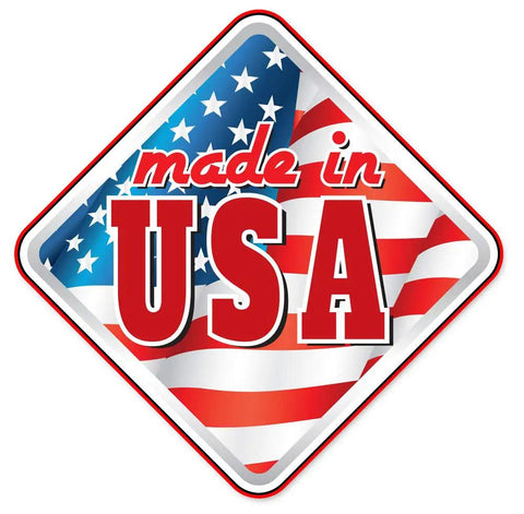 Made in USA sign featuring American flag colors and bold lettering in a diamond shape background.