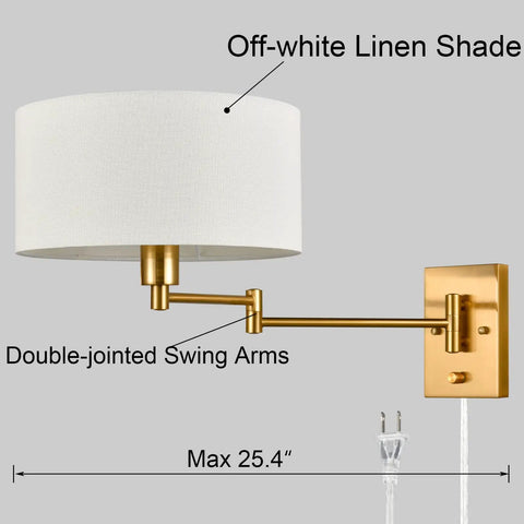 Gold Plug In Wall Sconces Set Of Two With Brass Swing Arm Lamps, White Linen Drum Shade, Dimmable with Plug In Cord