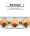 Front view of a 52mm chrome triple gauge set with water temperature, volts, and oil pressure gauges