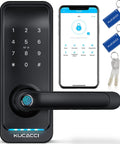 Keyless Entry Digital Door Lock For Front Door With Fingerprint And Passcode App Control And Remote Unlock Key Fob And Alexa Voice Unlock No Fuss Easy Installation Black showing lock, smartphone app interface, key fobs, and manual keys