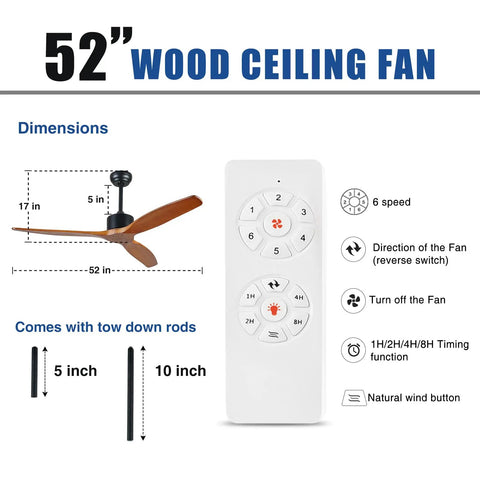 52 Inch Solid Wood Ceiling Fan No Light For Outdoor Patio With Three Brown Blades In Gray Walnut Finish Moisture Proof Farmhouse Style For Living Room Bedroom And Kitchen dimensions and remote control features