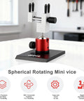 Handy Mini Vise Table Top Clamp For DIY Projects, Portable Jewelry Bench Vise In Aluminum Alloy, 360 Degree Rotating with 90 Degree Tilt, Adjustable 0 To 2.28 Inch Clamping Range For Model Building And Electronics, shown with red base and black support rods for stability