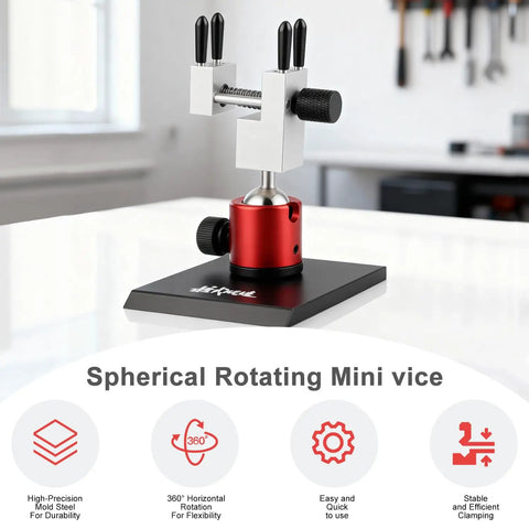 Handy Mini Vise Table Top Clamp For DIY Projects, Portable Jewelry Bench Vise In Aluminum Alloy, 360 Degree Rotating with 90 Degree Tilt, Adjustable 0 To 2.28 Inch Clamping Range For Model Building And Electronics, shown with red base and black support rods for stability