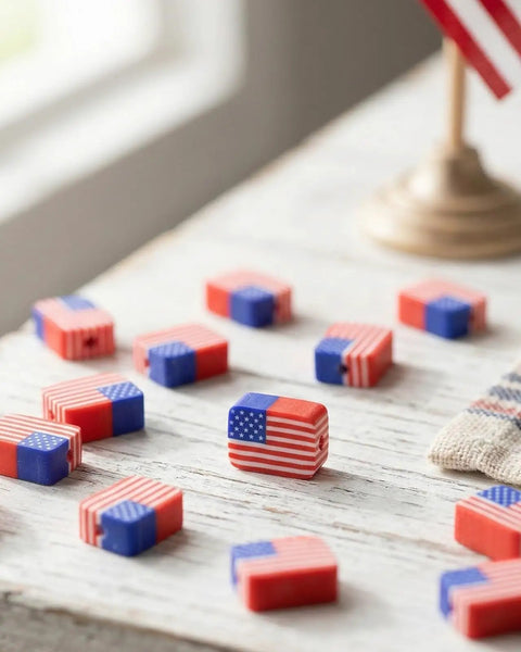 All American Flag Polymer Clay Beads Pack for DIY Jewelry Making, showing double-sided USA flag beads on a table 