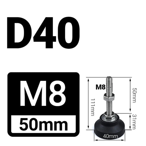 Adjustable Leveling Feet For Furniture, 40mm Diameter, Thread M5 To M12, 30 To 150mm Length, Nylon And Stainless Steel Built Tough, Easy Install In Pre Threaded Sockets, Anti Slip Cushion Base For Rock Solid Stability, Multiple Size Options, M8 50mm