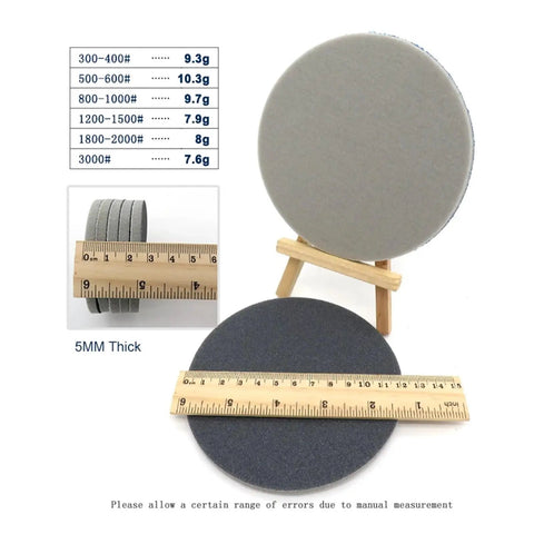 Six Pack 5 Inch Sponge Sanding Discs With Peel And Switch Backing For Easy Swap And Dust Vent Holes To Keep Your Workspace Clean While Polishing Or Grinding Wood Metal Or Plastic At Any Grit Level. Gray sanding disc on a ruler showing size.