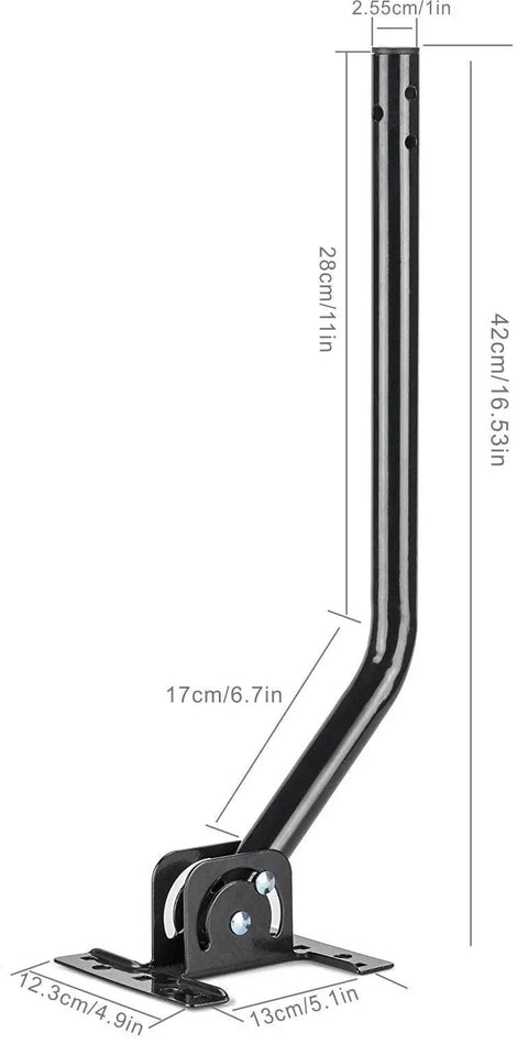 Adjustable Antenna Mounting Pole For Indoor Or Outdoor Use Go-To Heavy Duty Steel Universal Bracket shown with measurements